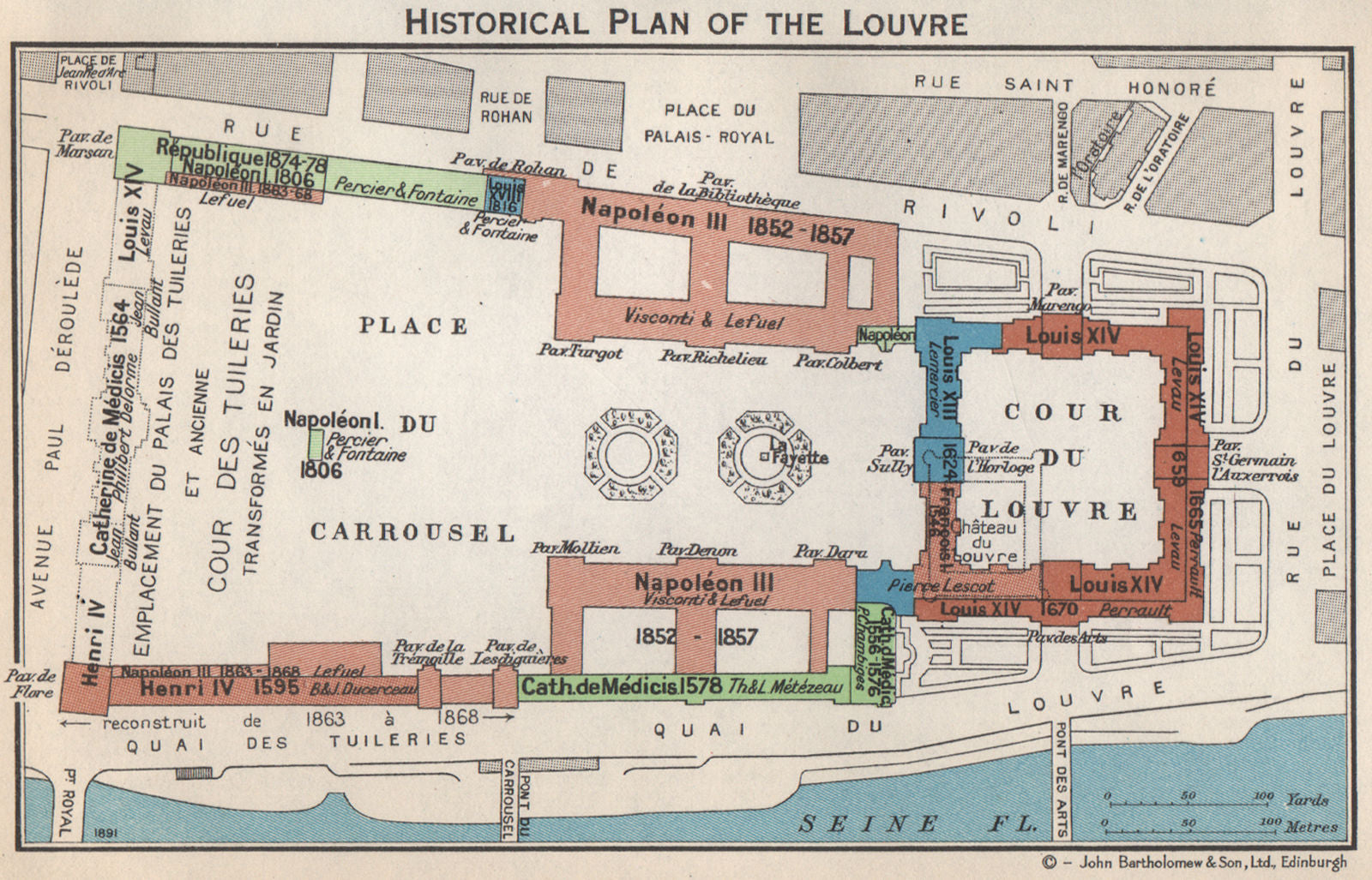 LOUVRE. Showing historical development 1578-1878. Vintage map plan. Paris 1960